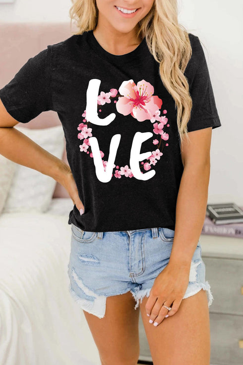 Black Love Cherry Blossoms Graphic Print Short Sleeve T Shirt